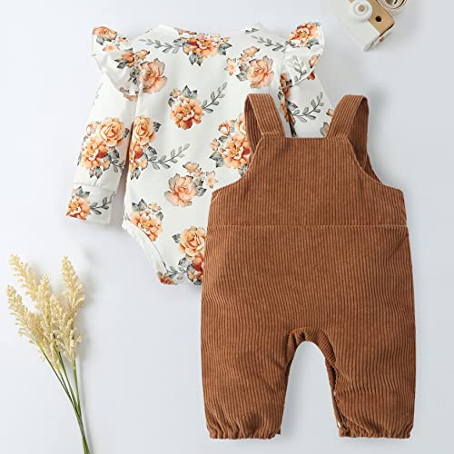 Lysink Newborn Baby Girl Clothes Long Sleeve Ruffle Romper Top Corduroy Overalls Pants Set Infant Outfits For Girls (Brown, 9-12 Months) #TOP1