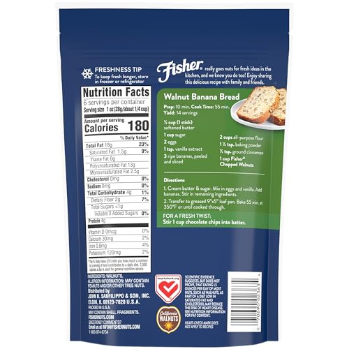 Image of Fisher Chef's Naturals Chopped Walnuts 6 Ounces, 100% California Unsalted Walnuts for Baking & Cooking, Healthy Snacks for Adults, Resealable Bag, Vegan Protein, Keto Snack, Chopped Nuts, Topping