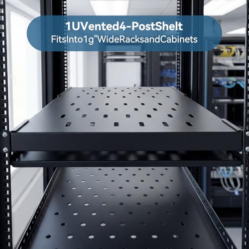 Image of Adjustable 1U Server Rack Shelf 20-38 Inch Depth, Vented Design for 4 Post Computer Racks and Cabinets, 80kg Heavy Duty Load Capacity