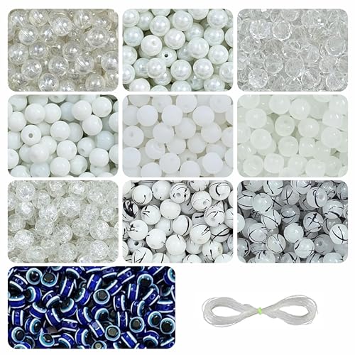 Image of 15 Pcs Evil Eye Beads + 250 Pcs White Glass Beads for Jewellery Making Kit - Glass Beads for Bracelet Making Kit - Bead Craft - 8mm