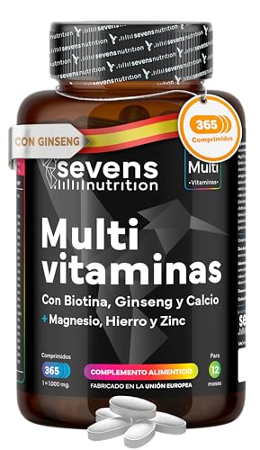 Vitaminas para el Cansancio con Magnesio y Ginseng - Multivitaminas para Hombre y Mujer -365 Comprimidos para 1 año de suministro - Complejo Multivitamínico Completo con Minerales y Ginseng- Sevens