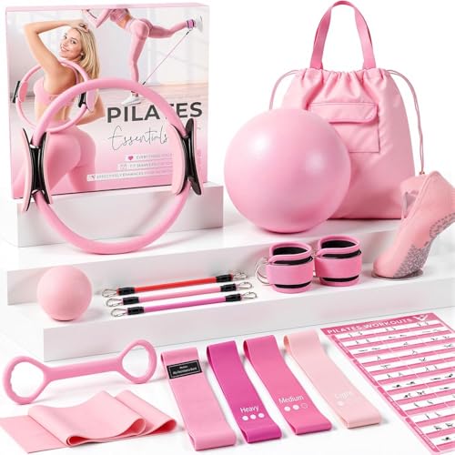 Pilates Set für Damen Heimtrainings-Set mit Pilates Ring Fitnessball Widerstandsbänder mit Knöchelmanschetten Anti-Rutsch Socken Massageball Pilates Zubehör für Yoga & Ganzkörper-Workout