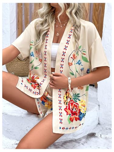 MakeMeChic Women's 2 Piece Beach Outfit Floral Open Front Kimono Cardigan and Shorts Matching Set4