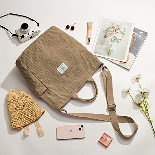 Image of KALIDI Corduroy Tote Bag, Large Slouchy Hobo Messenger Crossbody Bag | Anti Splash Zipper Side Pockets Shoulder Bag Adjustable Strap Lightweight Casual Work Shopping Women