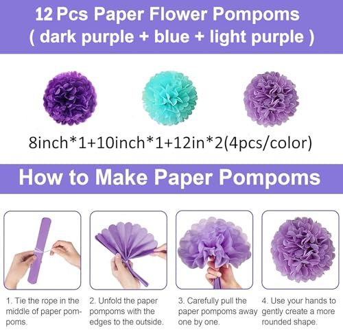 Image of Tissue Paper Pompoms Paper Flower 12 Pcs Purple,Blue Light Purple,Paper Flower Ball for Birthday Party Baby Shower Bridal Shower Party Decoration