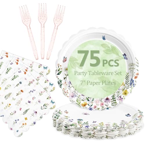 Mulbozy 75 Wildflower Paper Plates and Napkins& Forks Disposable Set, 7Inch