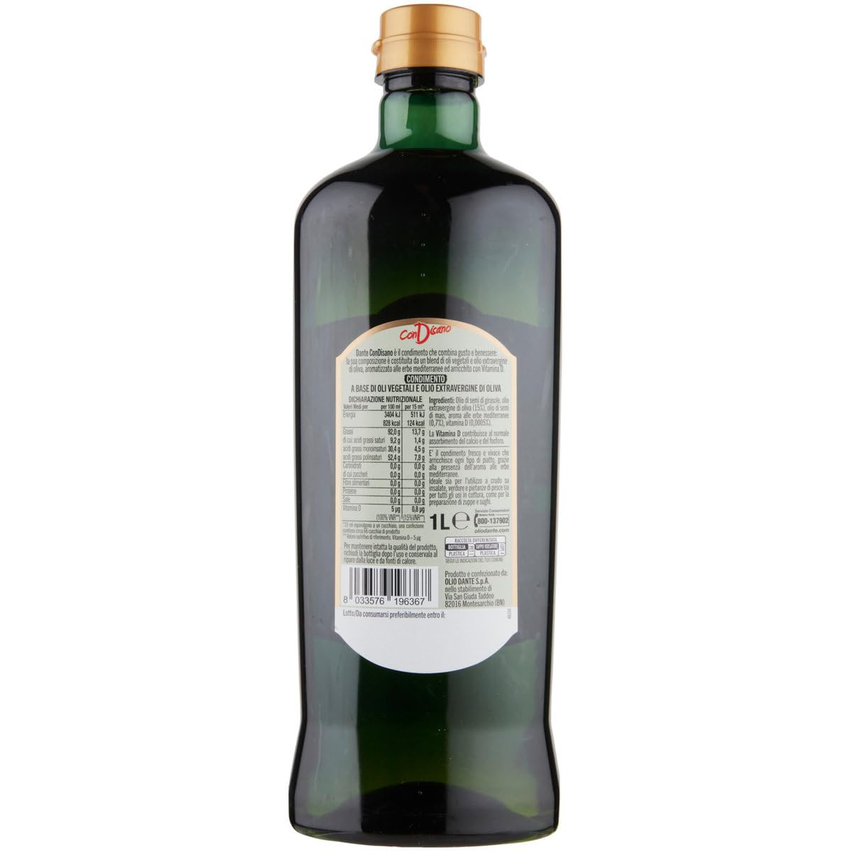 3x Dante Condisano, Mischung aus Pflanzenölen und nativem Olivenöl extra, angereichert mit Vitamin D. 1000ml + Zia Rosa DOP Pomodoro San Marzano Dose von 400g