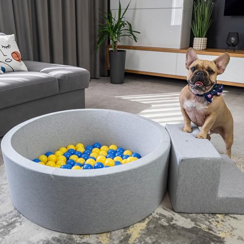 Petsona Weiche Hundepool Aus Schaumstoff, Hundeplanschbecken Mit Bunten Bällen, Spielbereich Für Hunde Und Katzen, Abnehmbarem Waschbarem Bezug, Hellgrau: Gelb/Grün/Blau/Rot/Orange