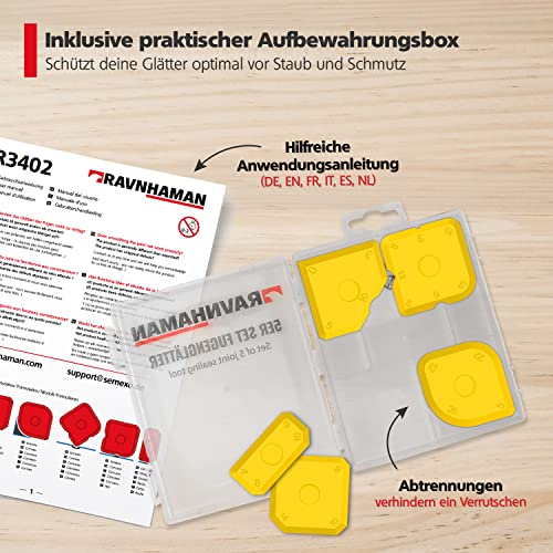 RAVN HAMAN 5er Set Fugenglätter Gelb - Fugenwerkzeug mit 23 verschiedenen Formen - Fugen-Spachtel zum Verfugen z.B. mit Silikon & Acryl - Fugenabzieher inkl. Aufbewahrungsbox
