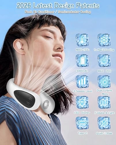 Image of Neck Air Conditioner, Portable Neck Fan with Cooling Plate 360Cooling Airflow, 5000mah Rechargeable USB Fan Hands Free Bladeless Wearable Foldable Mini Fan for Men Women Kids Home Office Outdoor