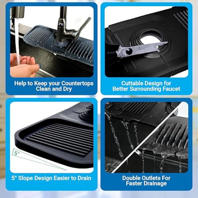Draining Mat for Kitchen Sink, 14.5 x 5.5 Inches With 5¡ã Slope Silicone Splash Guard, Protects Sinks from Splashing, Dish Soap Dispenser & Sponge Holder Mat Behind Faucet