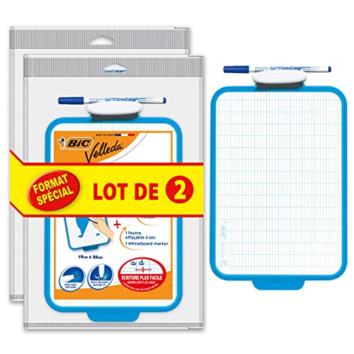 BIC Velleda - Lavagnetta a doppio lato, cancellabile a secco, 19 x 26 cm, con feltro blu cancellabile a secco e cancellabile, confezione da 2