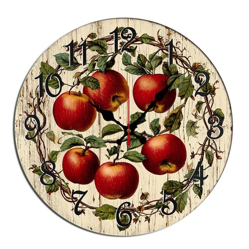 Horienteeon Reloj de pared de frutas de manzana, reloj decorativo de madera para sala de estar, funciona con pilas, fácil de leer, dormitorio, baño y cocina, inauguración de la casa, redondo, 25,4 cm
