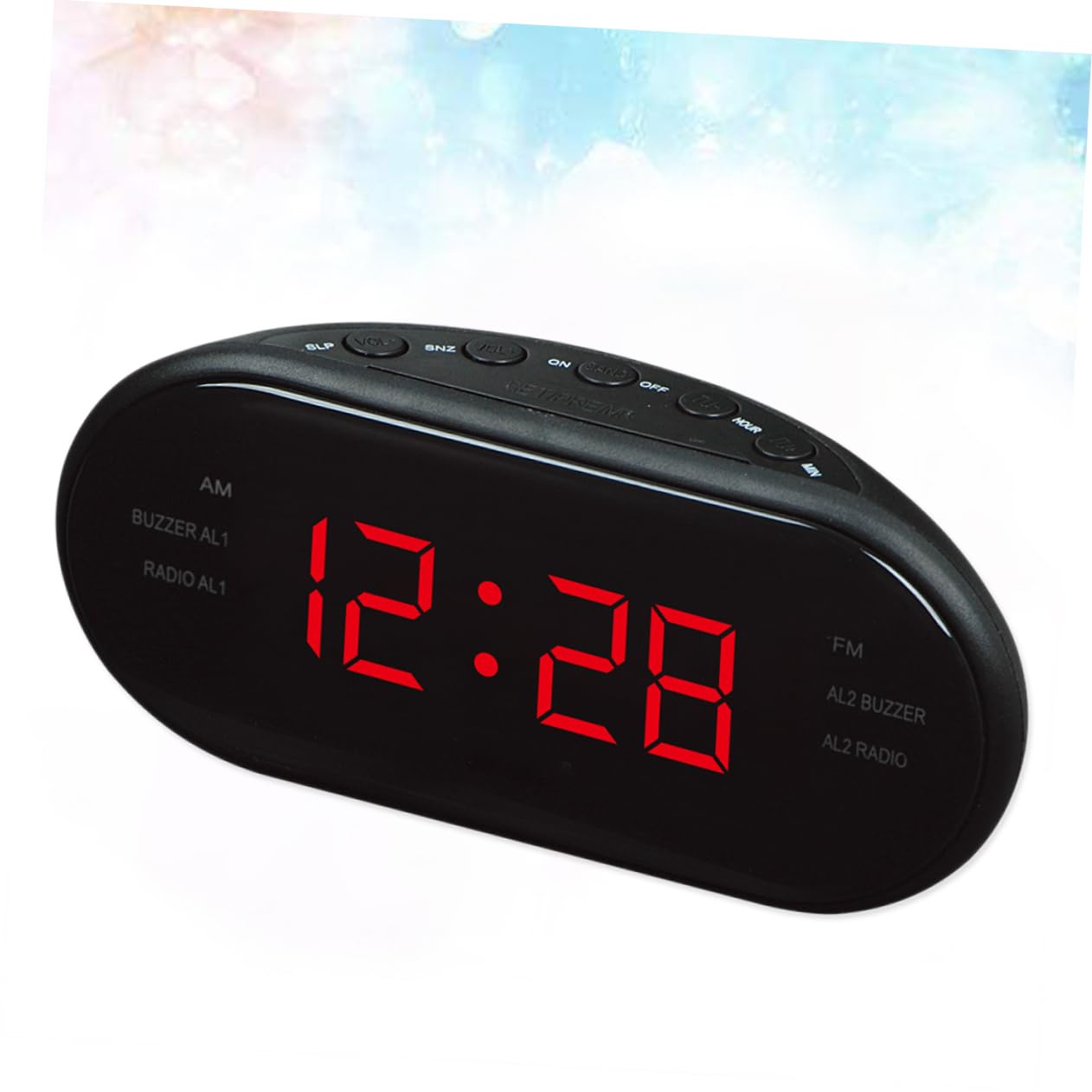 SEWACC Radio Despertador Digital con Radio Am y Luces Nocturnas, Pantalla Curva Grande y Función de Repetición para Mesita de Noche, Diseño Plástico Rojo