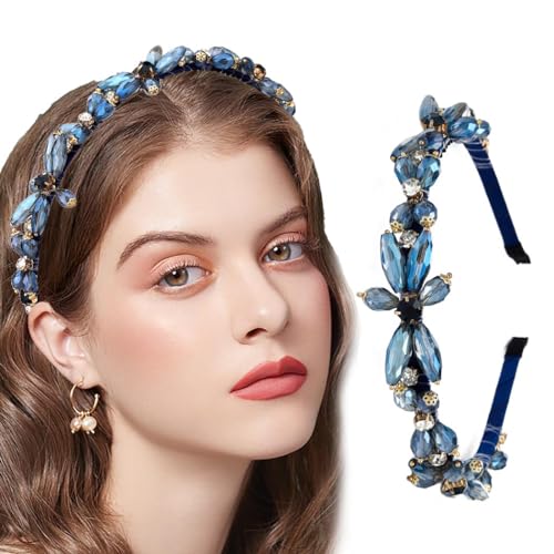 Image of Coridy Pink Rhinestones Headbands for Women Girl Crystal Beaded Hairbands Baroque Thin Hair Hoops Bejeweled Headband for Women’s Hair (Blue Type 1)