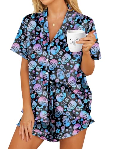 Image of HOTOUCH Womens Satin Pajamas Set Button Down 2 Piece Ruffle Shorts Set | Cute Short Sets, 2 Piece Pjs, Soft Silk Stain, Ruffle Shorts, Lightweight Sleepwear