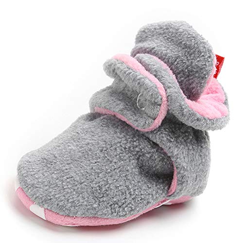 Mybbay Newborn Baby Boy Girl Booties Fleece Cozy Non Skid Infant Slippers Winter Warm Socks Crib Shoes 01 Light Gray/Pink , 6-12 Months Infant