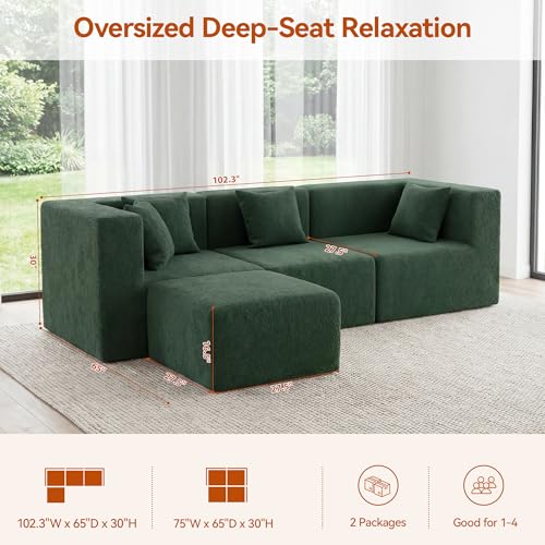 Image of MONVANE 103'' Modular Sectional Sofa, Comfy Teddy Velvet Cloud Couch with Ottoman, Modern Convertible L Shaped Couch with Deep Seat, Sectional Couches for Living Room, Bedroom and Apartment, Green