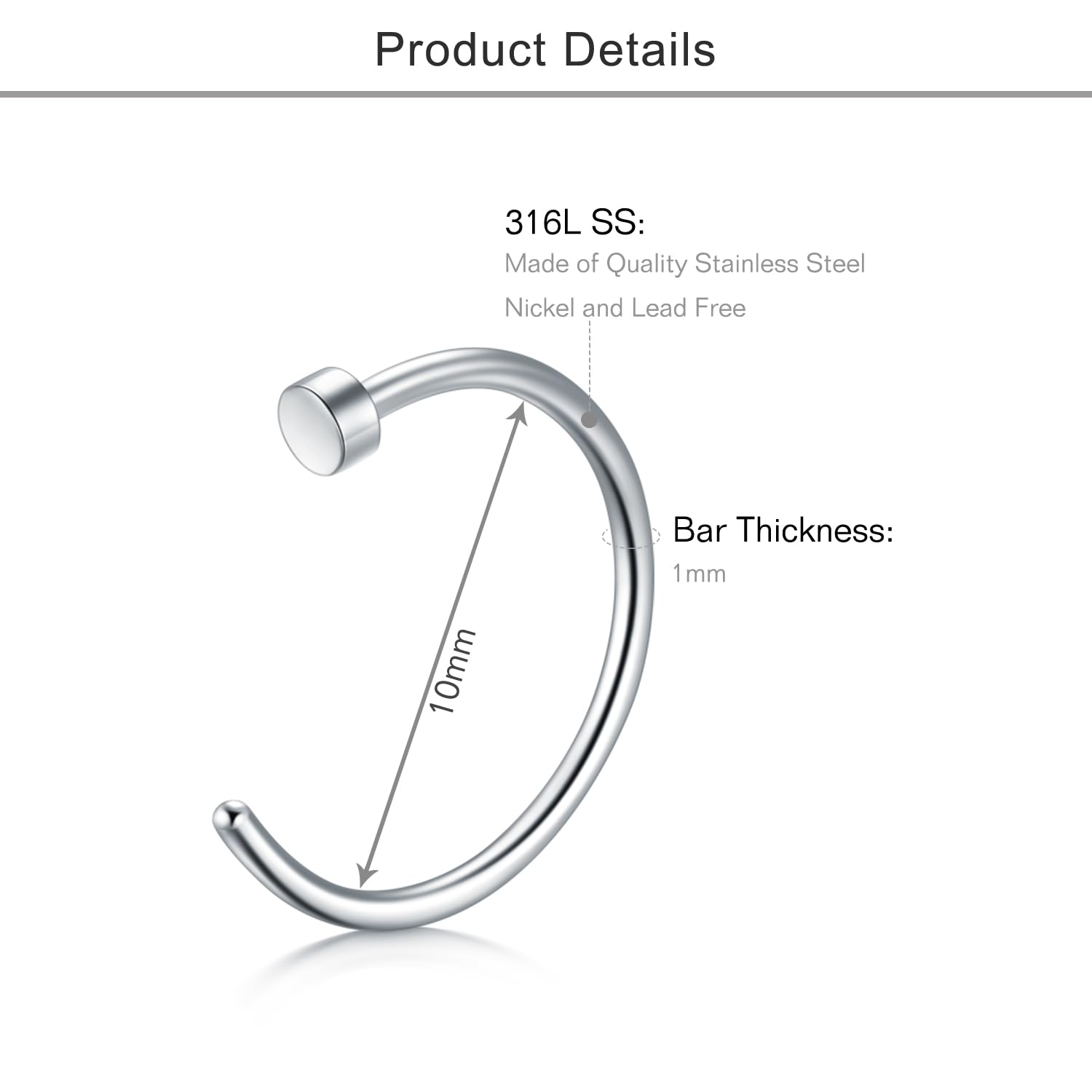 Briana Williams Fake Nariz Anillos Hoop-20G 18G 16G Nariz Aro Anillo 6mm/8mm/10mm/12mm Nariz Piercing Labio Septum Anillo Arete Faux Joyería Piercing del Cuerpo 6 Piezas — view 2