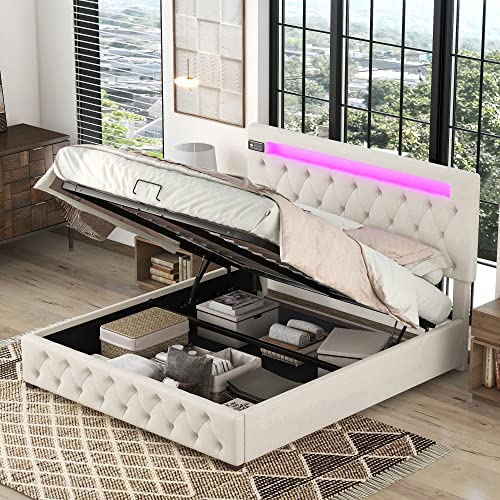 Azkoeesy Polsterbett mit Stauraum Bettkasten & LED, 140x200 cm, Multifunktionales Jugendbett mit Bluetooth-Player, USB, Knopfsteppung, Leinenbezug, Hellbeige Azkoeesy Polsterbett mit Stauraum Bettkasten & LED, 140x200 cm, Multifunktionales Jugendbett mit Bluetooth-Player, USB, Knopfsteppung, Leinenbezug, Hellbeige