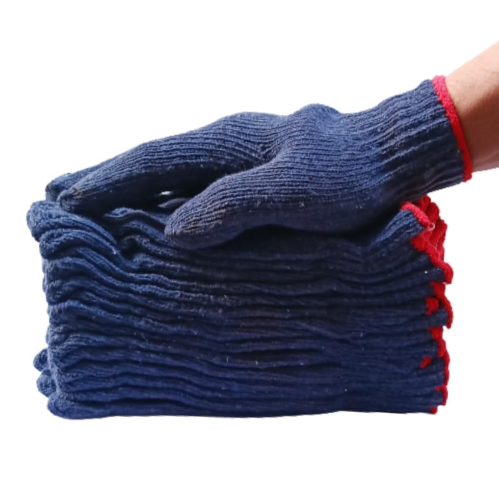 Blue Knitted Cotton Work Gloves with Red Cuff, Pack of 10 Pair | Hand Protection, Industrial Use, Breathable Knit, Reusable, Unisex-image-5