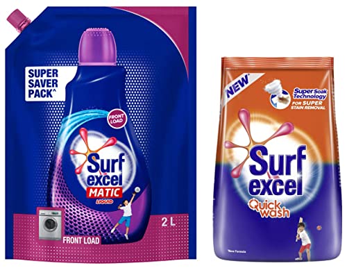 Image of Surf Excel Matic Front Load Liquid Detergent 2 L Refill & Quick Wash Detergent Powder 1 Kg, Washing Powder With Lemon & Bleach To Remove Tough Stains On Clothes - Bucket & Machine Wash