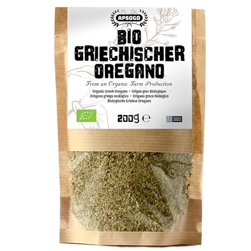 Apsogo Bio Oregano Getrocknet aus Griechenland - Griechischer Oregano gerebelt intensiv aromatisch 100% EU Herkunft - Oregano Bio Oregano Blätter getrocknet für Pizza Pasta & Tee (200g)