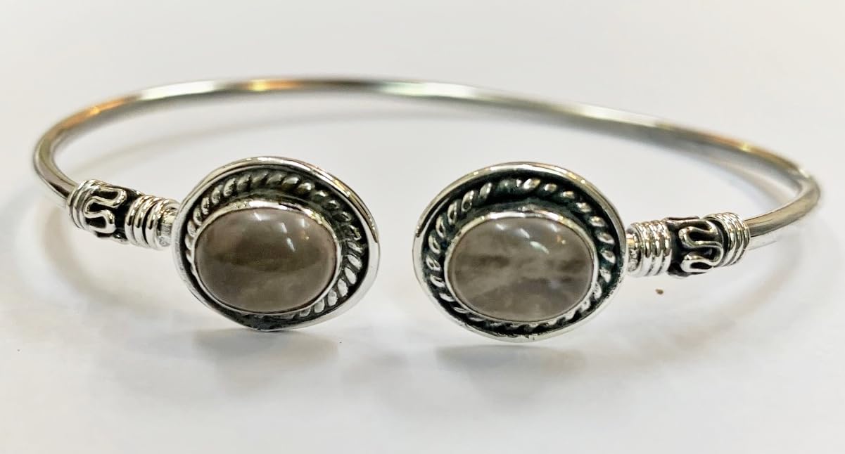 VIE Silver Plated Adjustable Boho Oval Cuff Bangle, Rose Quartz