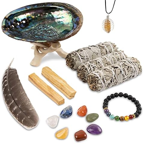 Wish Well Sage Smudge Kit - 3 White Sage Sticks, 2 Palo Santo Sticks, Abalone Shell, Stand, Smudging Feather, 7 Chakra Stones & Crystal Bracelet ~ Sage Incense Sticks for Cleansing House & Meditation Cover