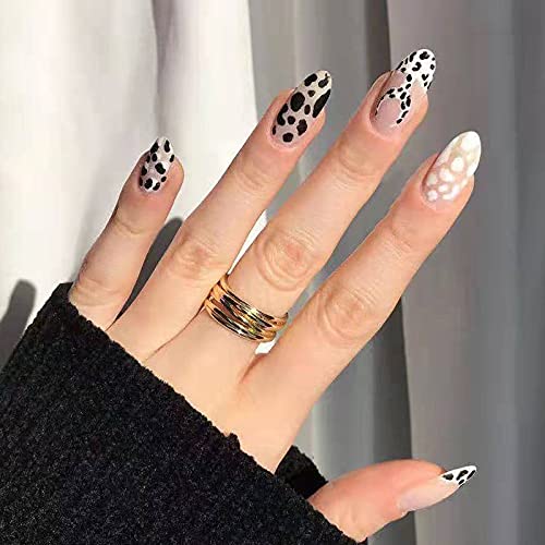 Glamativity Glossy Medium Length Almond Press on Nails, Full Cover Acrylic Fake Nail, Black White Cow Pattern Designs, F