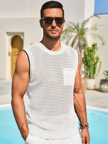 Runcati Mens Crochet Tank Tops See Through Knitted Sleeveless T-Shirts Muscle Summer Beach Hippie Shirts with Pocket2