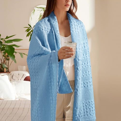 Image of PHF 100% Cotton Waffle Throw Blanket for Couch, Lightweight Breathable and Soft for Summer, Luxury Aesthetic Waffle Weave Blanket for Home Decor & Office, Gifts for Women, 50 inchx60 inch, Airy Blue