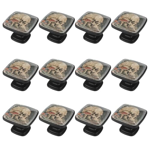 IROLSKDNFH 12 Pieces Skull Mushroom Vintage Plants Moon Garden Glass Knobs for Dresser Drawers, 1.37 x 1.10 in Square Kitchen Cabinet Pulls for Home Office Nursery Kids Room