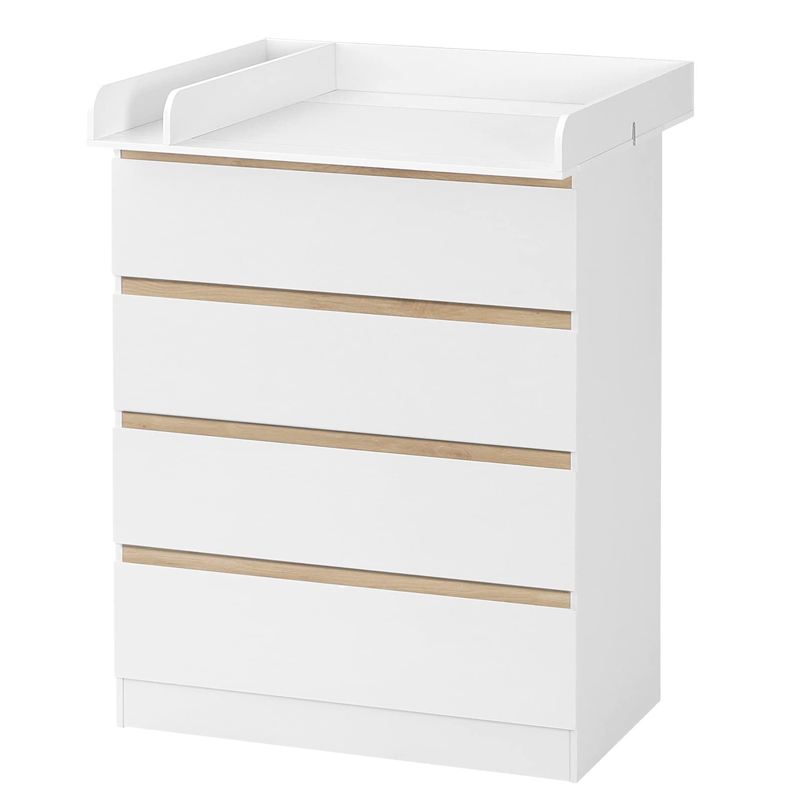 WOLTU Cambiador Bebe con 4 Cajones, Cómoda Cambiador Pañales, Cómoda para Dormitorio, Gran Almacenamiento, Fácil de Limpiar, Blanco+Roble Claro, 80x75x109,2 cm