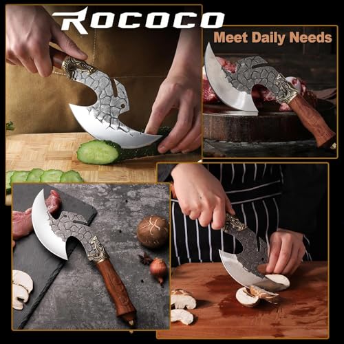 Image of ROCOCO Viking Cleaver Knife Birthday - Kitchen Axe & Sheath Father Gift Men | Hand Forged High Carbon Steel Butcher Meat Cutting Boning Knife for Home Outdoor BBQ Camping Chirstmas Mother