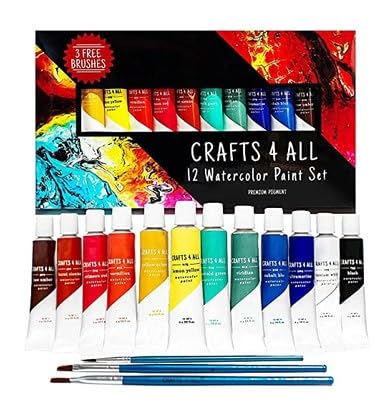 Crafts 4 ALL Watercolour Paint Set - 12 Pack of Premium Quality Watercolours for Kids, Artists, Students, and Beginners – Vibrant Paints w/ 3 Bonus Water Colour Paintbrushes (12 Ml 12 Piece set)