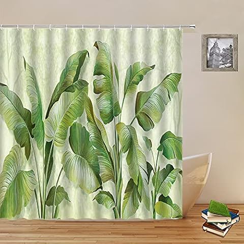 Green Leaf Shower Curtains Watercolor Tropical Plant Leaves Bathroom Decor Polyester Fabric Hanging Curtain Set 70 x 70 Inch with Hooks Cover