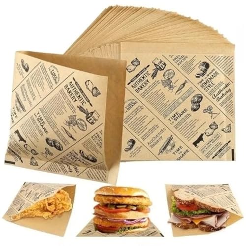 FAYAHAR 100 Pièces Feuilles Papier Emballage Alimentaire, Papier d'Emballage Frites, Résistant à l’Huile et à l’Eau, pour Sandwich, Frites, Hamburger,...
