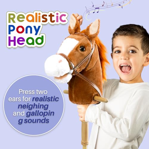 HollyHOME Stick Horse Plush Handcrafted Hobby Horse on a Stick with Wood Wheels Real Pony Neighing and Galloping Sounds for Kids Toddlers Dark Brown 36 Inches(AA Batteries Required) - Image 3