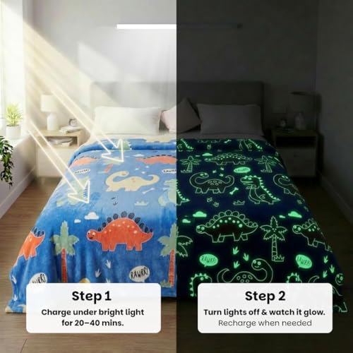 Image of Famyo Glow Blanket for Kids -Cute Dinosaur | Kids Blanket 0-15 Yrs | 200x152 cm Double Bed Blanket | Soft Flannel Blankets for Winter | Lab-Tested & Safe, (Blue)