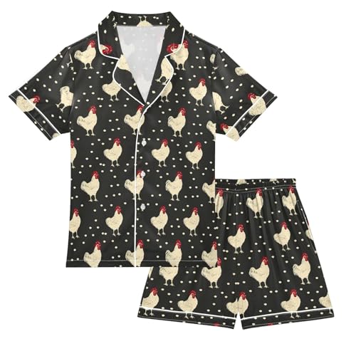 Retro Simple Chicken Summer Satin Pajama Set, Cute Button-Down Sleepwear Pj Set for Sleep Wears