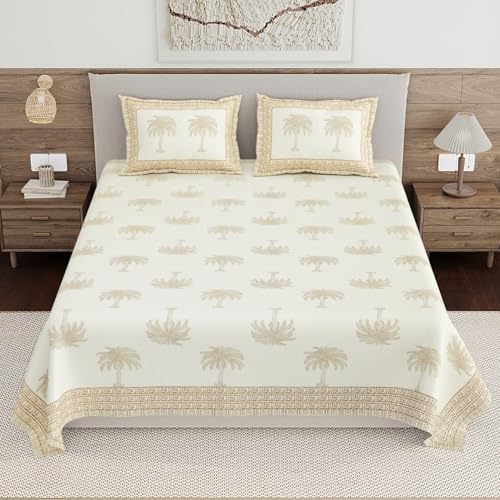 Image of Living Roots Ethnic Jaipur Block Print Double Cotton Bedsheet & 2 Pillow Covers, for Mattress Upto 6 inches Thick, No Colour Bleeding, Ivory Colour, King Size 90 * 108 inches, 120TC (608-B)