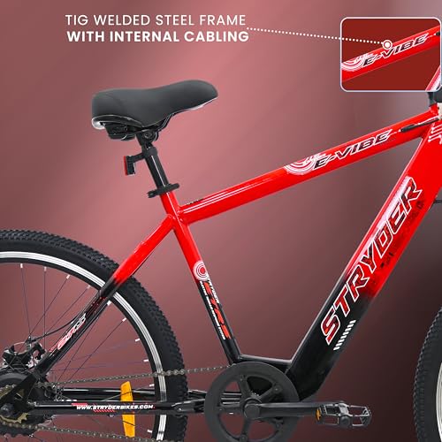 Image of Stryder E-Vibe 27T Electric Cycle for Men & Women (5.2-6 Ft) | 250W BLDC Motor | 36V 8.7Ah Li-ion Battery | Dual Disc Brakes | Front Suspension | USB Charging | Password Display | E-Bike (Red)