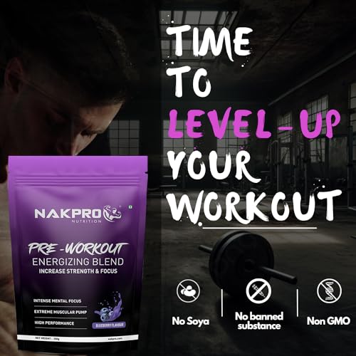 Image of NAKPRO Pre Workout Supplement Powder With 100Mg Caffeine, 1200Mg Creatine Monohydrate And 1200Mg Citrulline|Helps In Lean Muscle Building, Improves Workout Performance - 50 Servings (Blueberry, 250G)