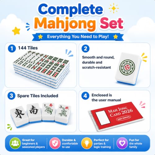 Image of PATPAT 144 Pcs Complete Mahjong Tiles Game Set Portable Blue Mahjong Cards