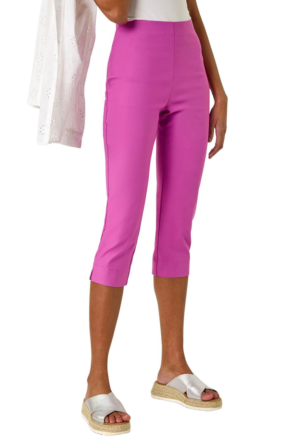 Roman Cropped Stretch Trousers Capri Summer Leggings - Violet - Size 18