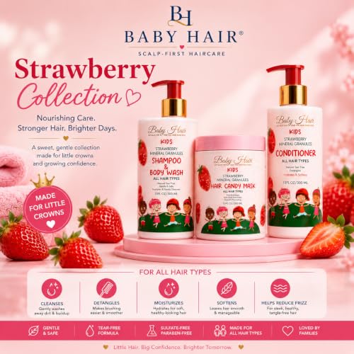 Image of BABY HAIR Kids Strawberry Hair Care Set - Shampoo & Body Wash, Conditioner & Hair Mask, Tear-Free, Sulfate-Free, pH-Balanced with Strawberry Oil, Camellia Oil & Biotin for Kids, 3-Piece Set