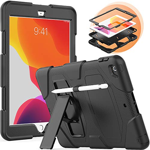 Timecity iPad 10.2 Case, 2019 New iPad 7th Generation Case with Built-in Foldable Kickstand Stylus Holder, Kids Friendly Dropproof Scratch Resistance iPad Protector Case, Black