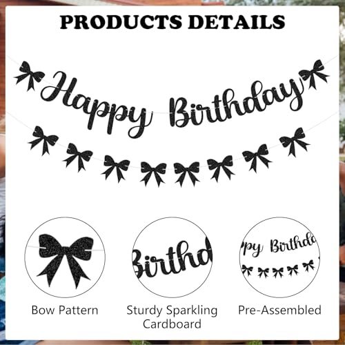 Image of Black Bow Birthday Decorations Happy Birthday Banner Black Bow Bunting Garland Glitter Photo Props Satin Ribbon Hanging Swirls Party Decor for Boys Girls Bachelorette Themed Party Supplies