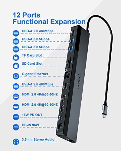 Image of USB C Docking Station Dual Monitor with Power Adapter: NewQ 12-in-1 Thunderbolt 3 | 4 Dock, Dual 4K HDMI, 4 USB, Audio, Ethernet, SD /TF Slot, 18W PD Out, for Mac, HP, Dell, Lenovo, Surface, Asus, Acer